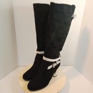 ASHRO Black Shimmering Silver Stud Women's Knee Boots Size 7M